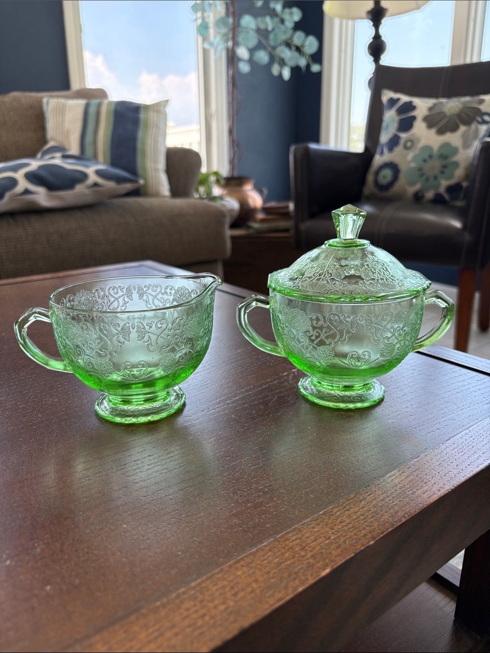 Hazel-Atlas Florentine No.1 green depression glass creamer and lidded sugar bowl